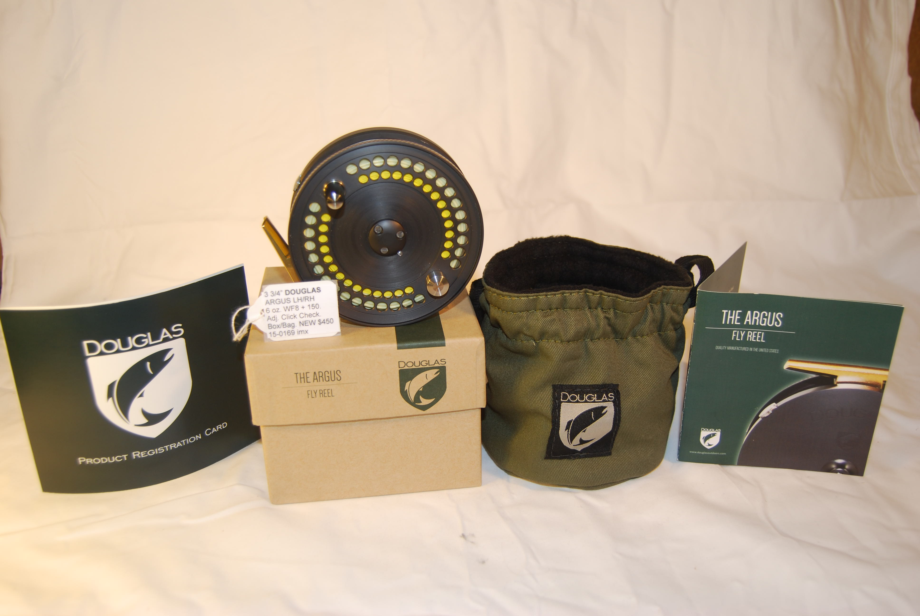 Image for 3 3/4” DOUGLAS “ARGUS” 6 oz. Cap. WF-8 + 150 yd. 20#; in draw string twill fleeced lined bag, box & instructions.